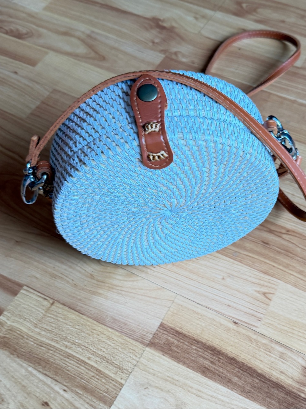 Woven Round Crossbody Bag - Light Blue with Tan Trim